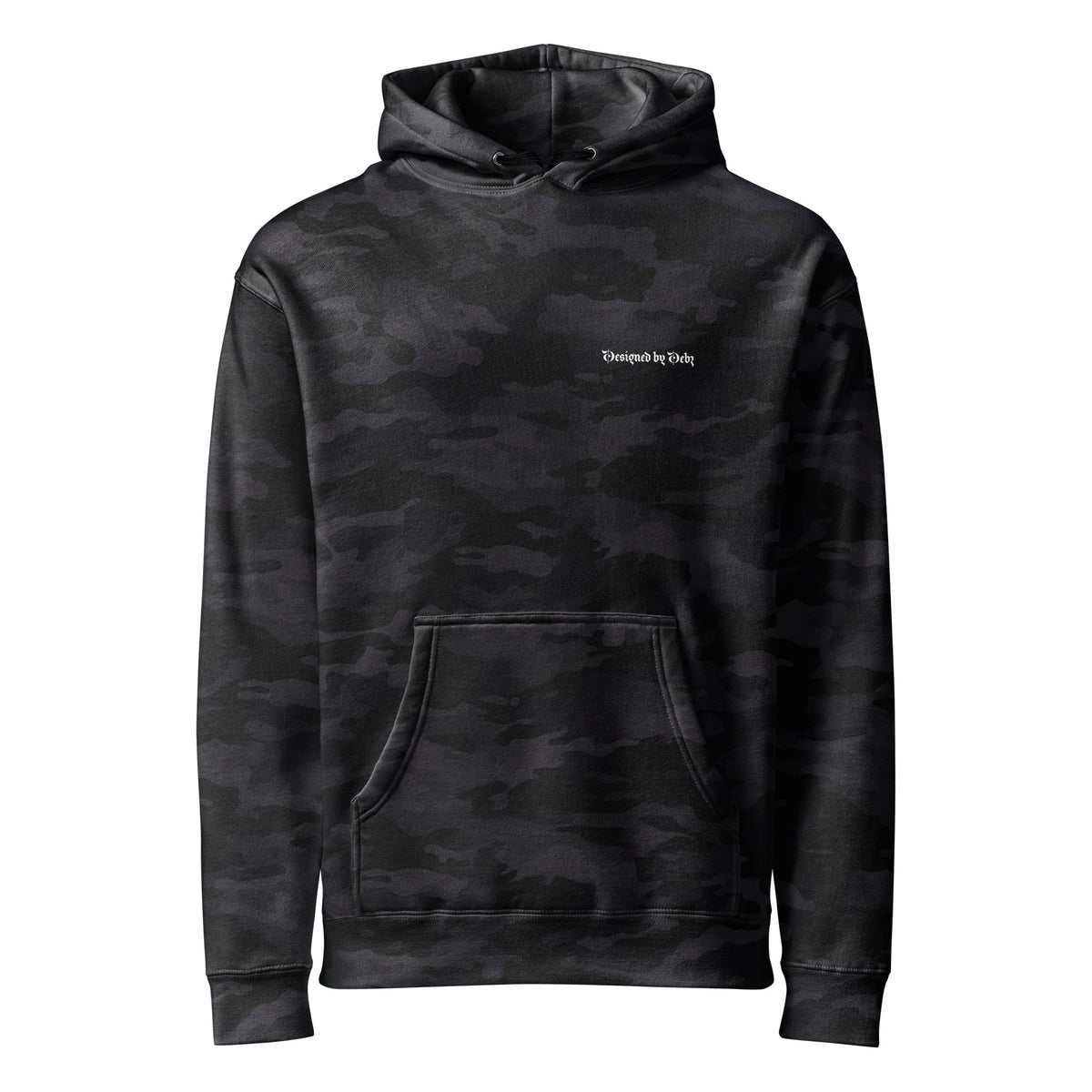 Black camo heavyweight hoodie by Printful featuring Designed By Debz logo on the front, unisex, comfortable and stylish.