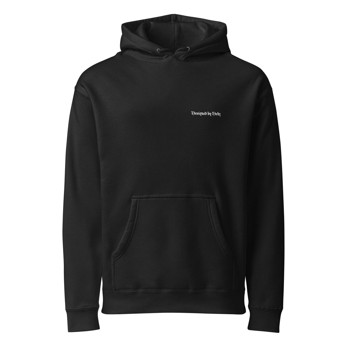 Black heavyweight hoodie with "Designed By Debz" logo on the front, unisex style, by Printful.