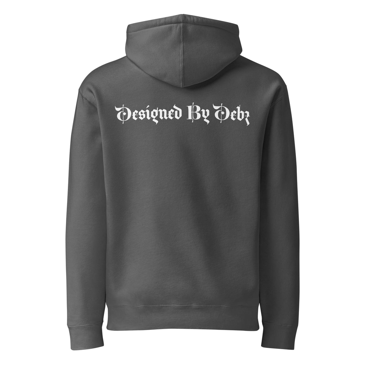 Charcoal-colored unisex heavyweight hoodie with "Designed By Debz" logo on the front, made by Printful.