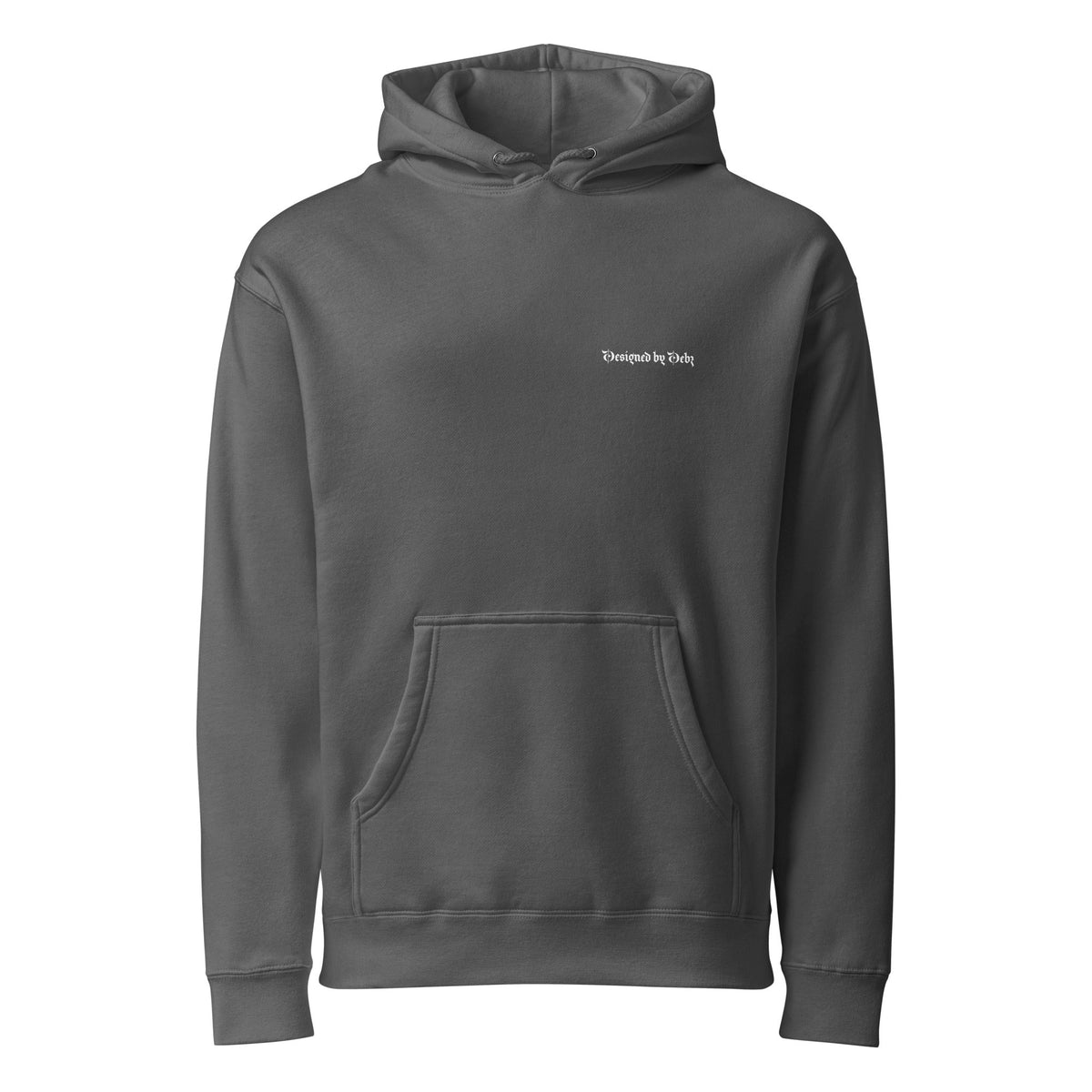 Charcoal heavyweight hoodie by Printful with a Designed By Debz logo, featuring a front design on a unisex, cozy sweatshirt.