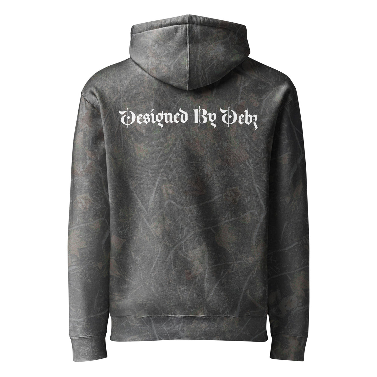 Unisex heavyweight hoodie by Printful featuring a dark wood tree camouflage design on the back.