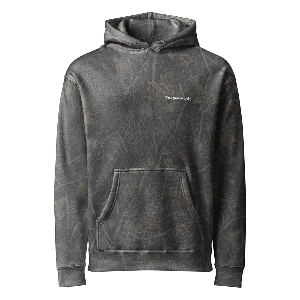 Unisex heavyweight hoodie by Printful with a dark wood tree camo design and Designed By Debz logo on the front.