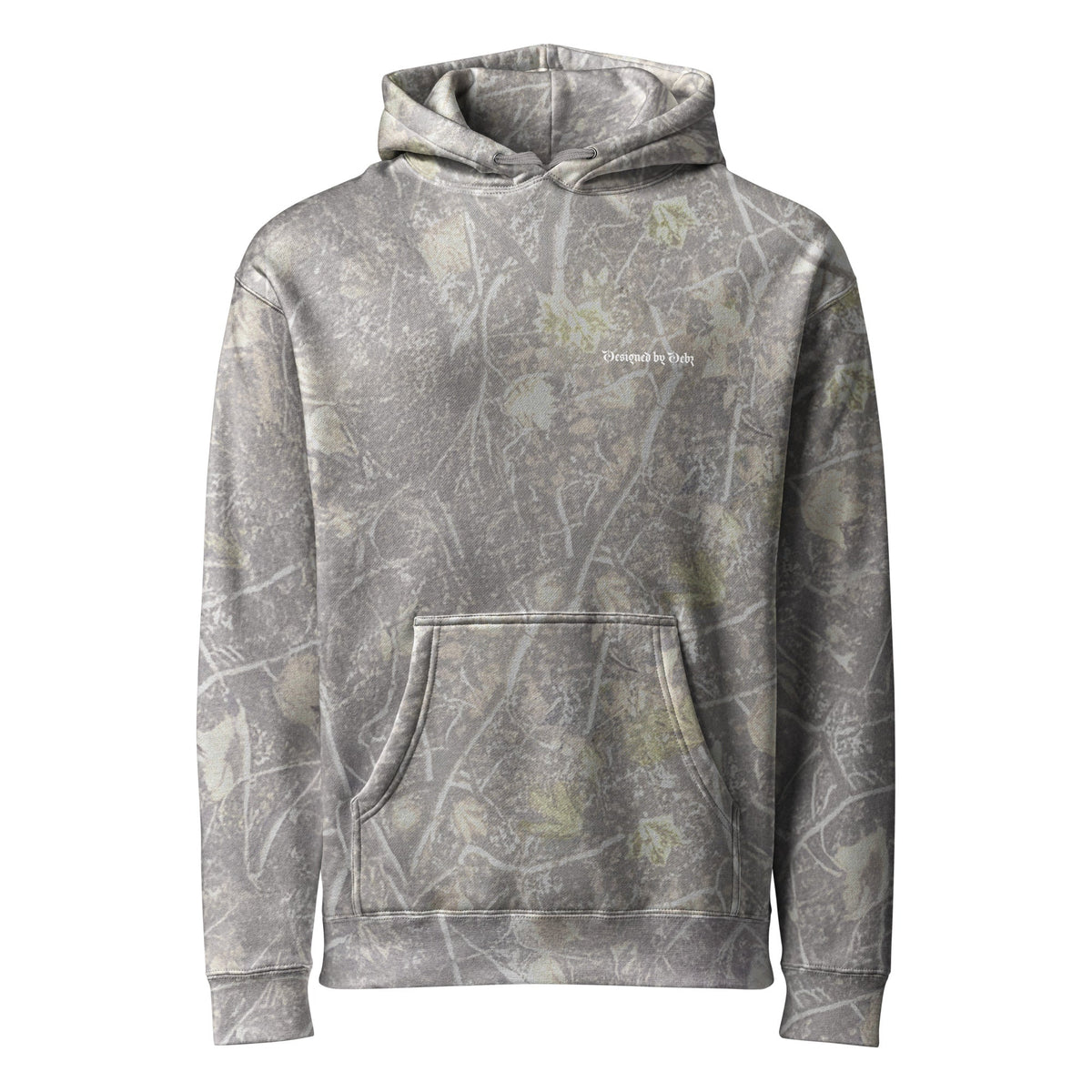 Unisex heavyweight hoodie by Printful featuring a Deadwood Tree camo design on the front.