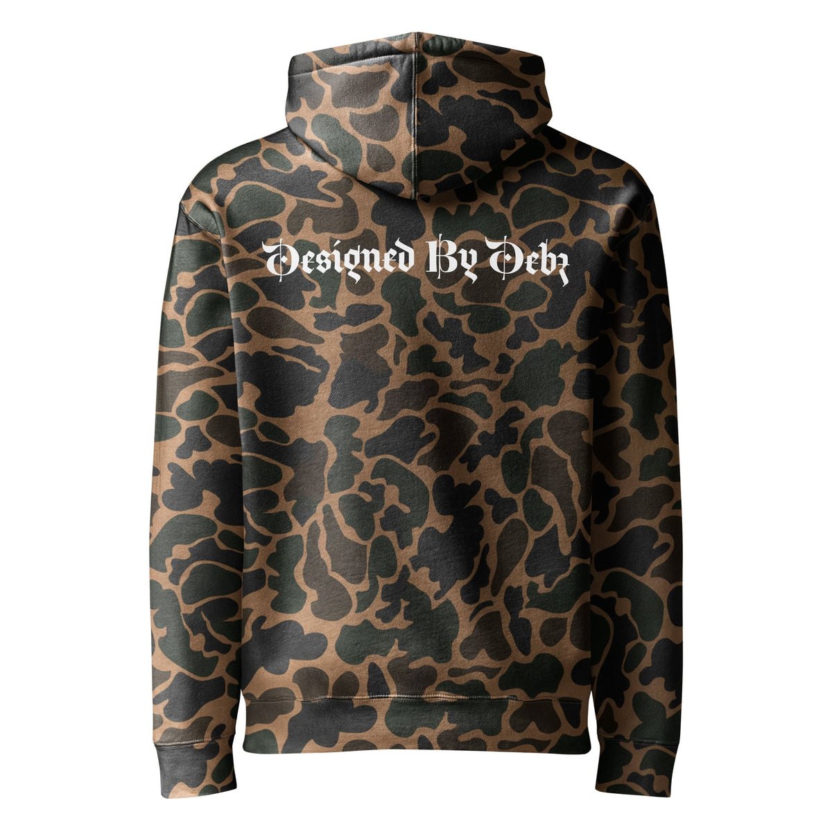 Unisex heavyweight hoodie with Designed By Debz logo in duck camo print, featuring a hood and front pocket, by Printful.