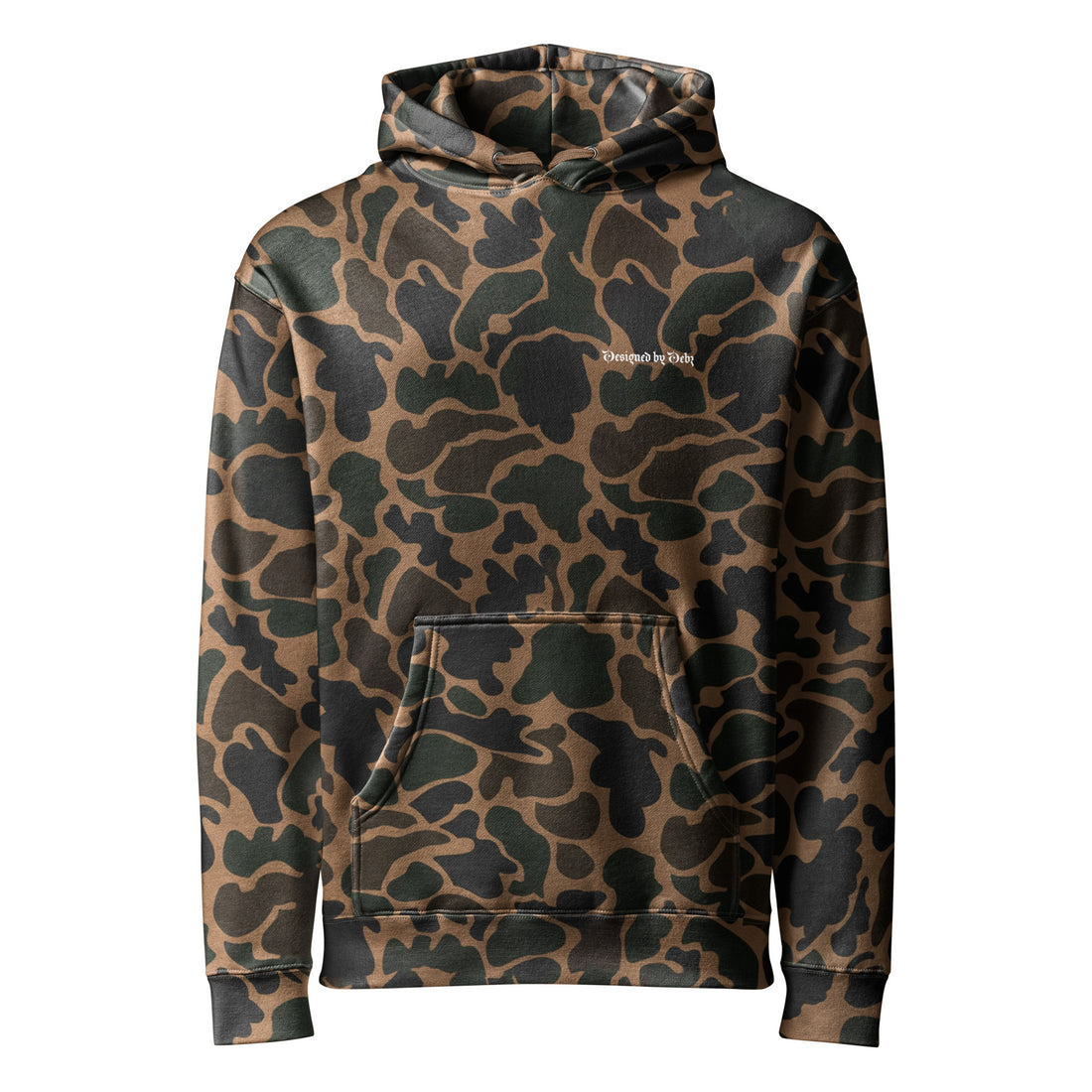 Unisex heavyweight hoodie with Designed By Debz logo in duck camo print, front view, by Printful.