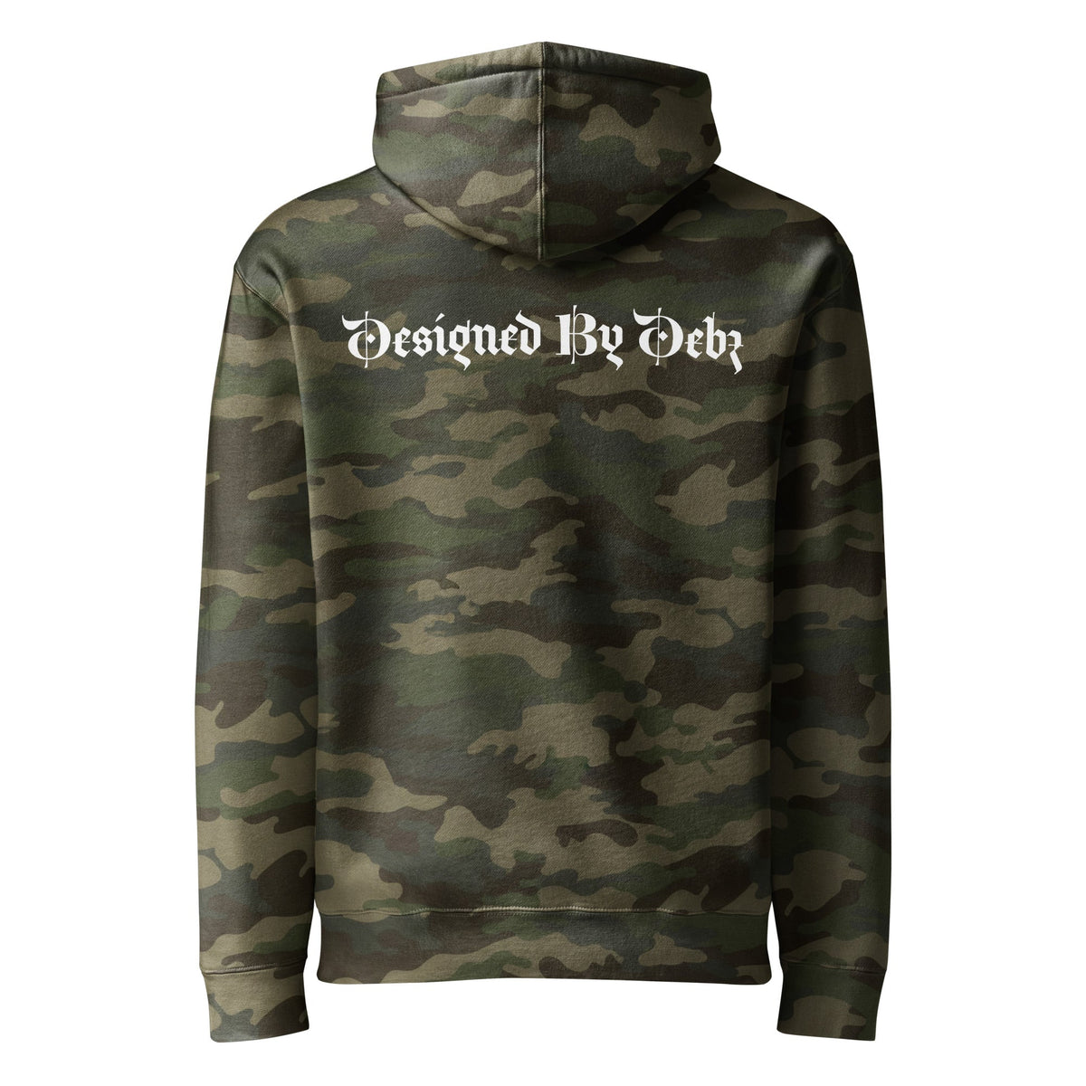 Unisex heavyweight hoodie with forest camo design and "Designed By Debz" logo on the back, by Printful.