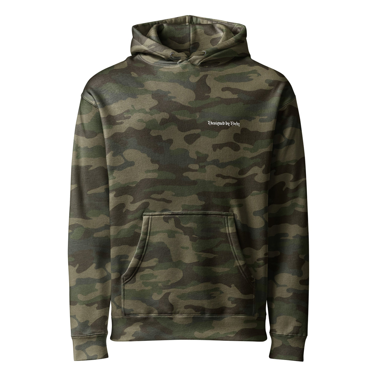Unisex heavyweight hoodie with forest camo design and "Designed By Debz" logo on the front, made by Printful.