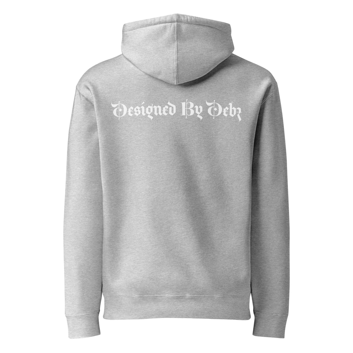 Unisex grey Heather heavyweight hoodie with Designed By Debz logo on the back, made by Printful.