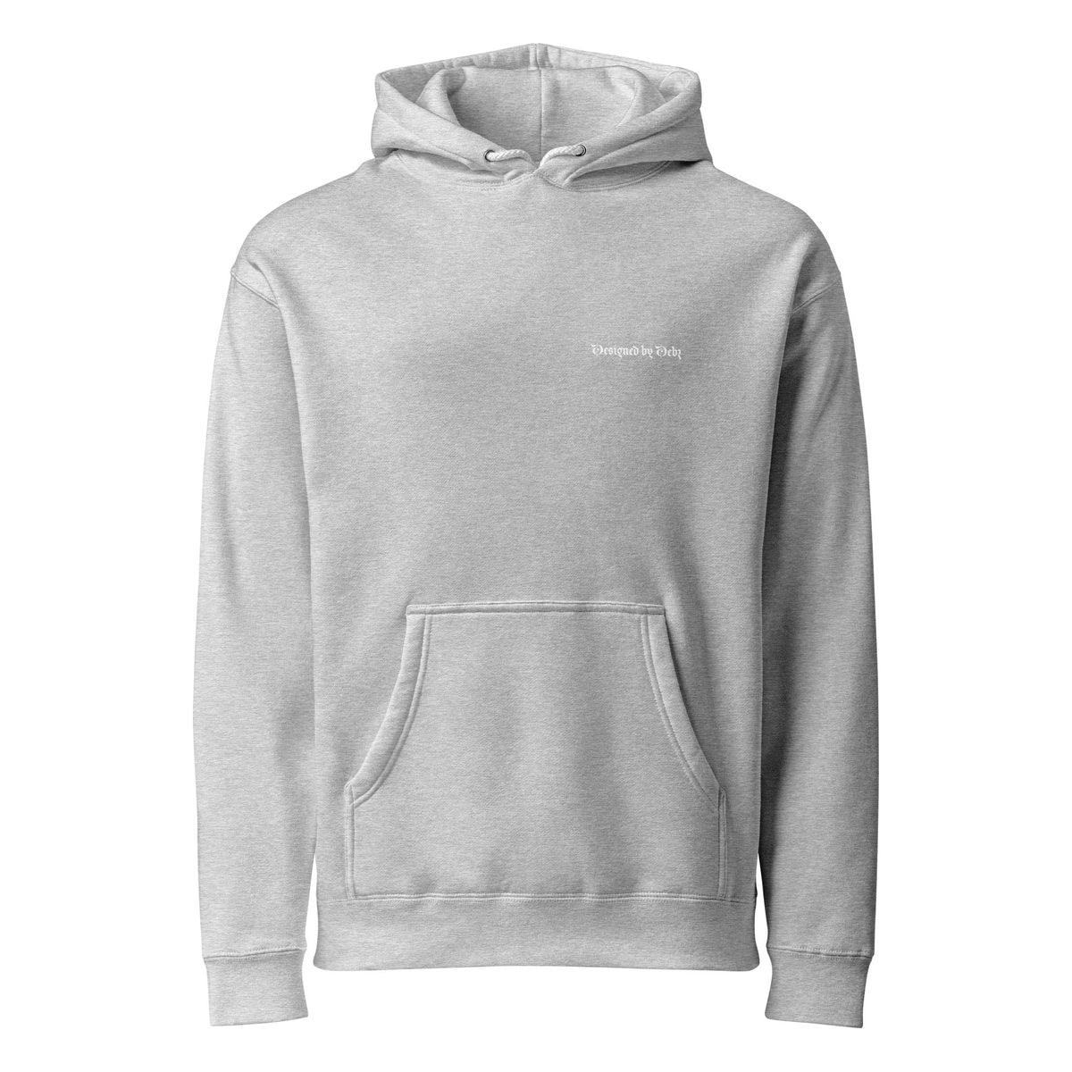 Gray Heather unisex heavyweight hoodie featuring the Designed By Debz logo on the front, made by Printful.
