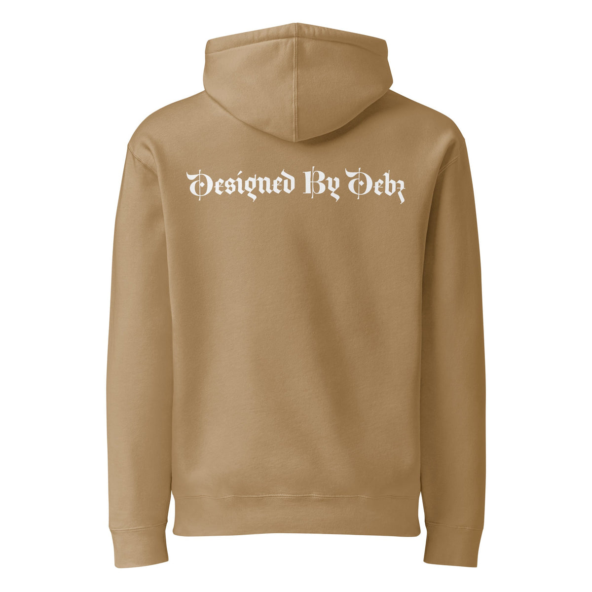 Unisex heavyweight hoodie in sandstone with Designed By Debz logo, featuring a front pocket and hood, branded by Printful.