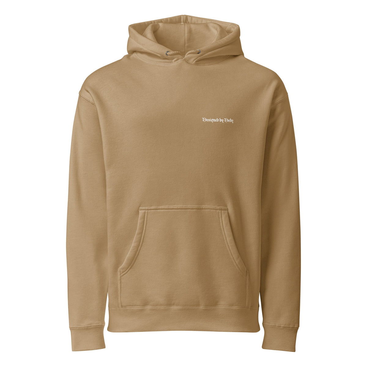Unisex heavyweight hoodie by Printful with Designed By Debz logo, in sandstone color, front view showing hoodie details.