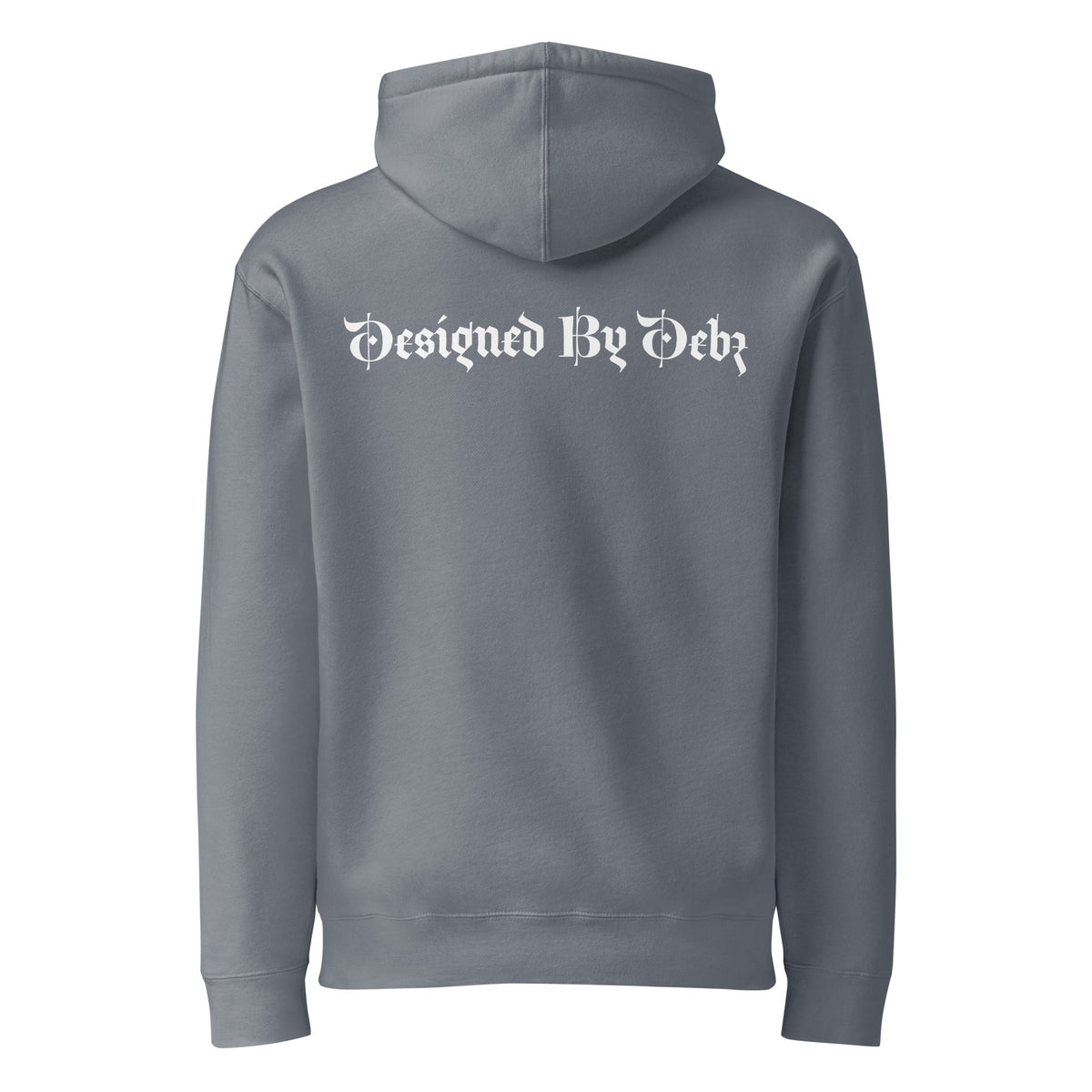 Unisex Storm Blue heavyweight hoodie with Designed By Debz logo, featuring a front pocket and drawstring hood, by Printful.