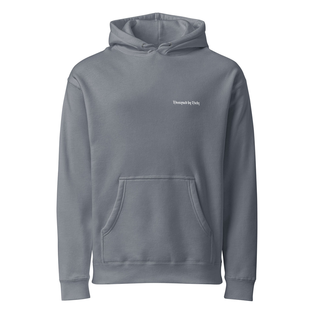 Unisex storm blue heavyweight hoodie with Designed By Debz logo on front, made by Printful, soft and comfortable casual wear
