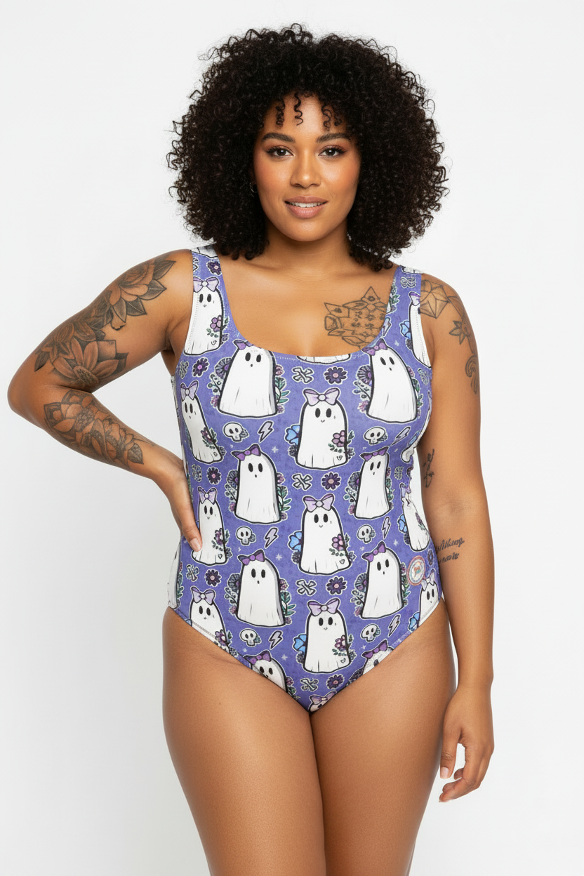 One-piece swimsuit with ghost and floral pattern on a purple background