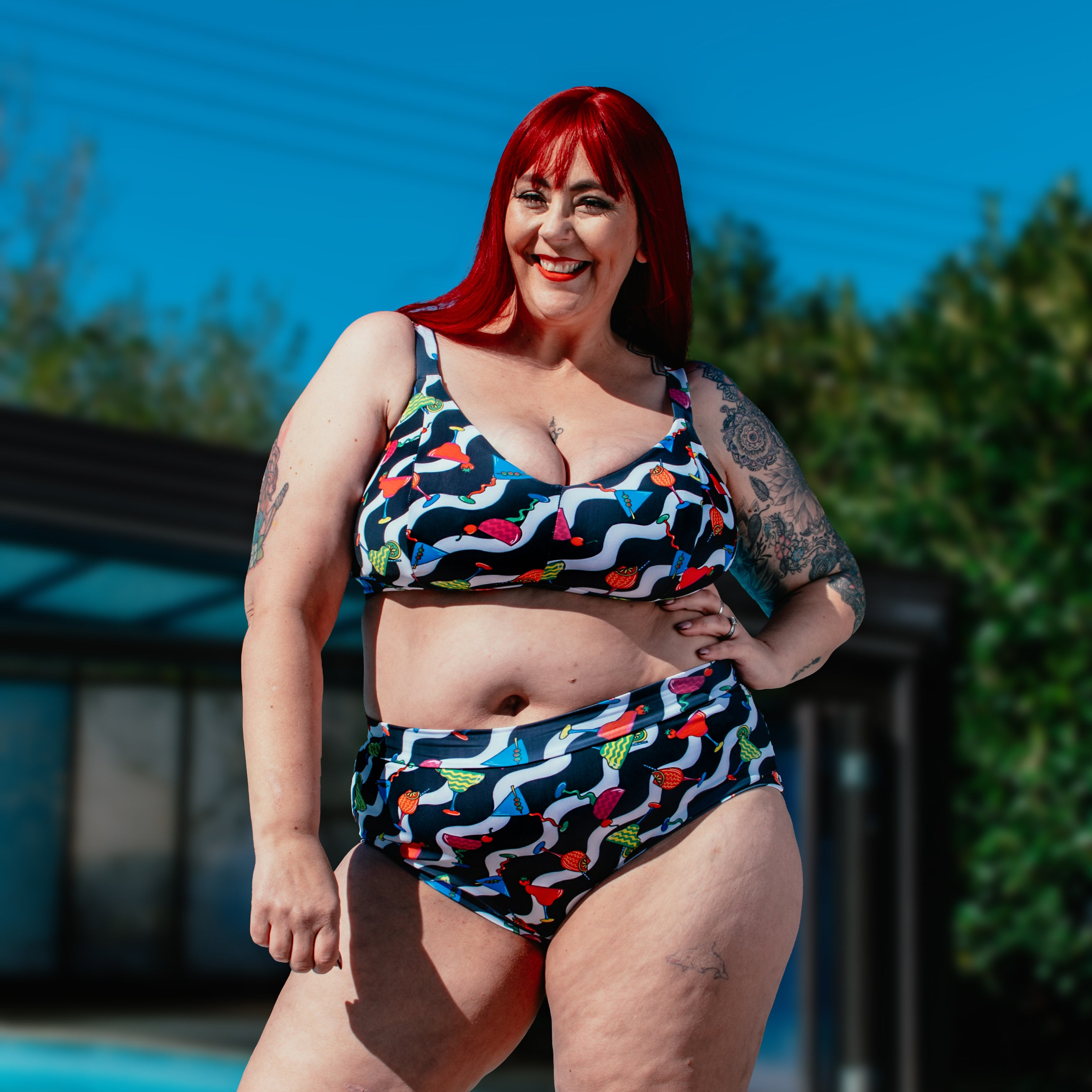 Wilde Mode x Tara Khorzad swim bra by Designed By Debz, soft cup, wire-free, non-wired swim bra with cocktail wave design, DD+ size
