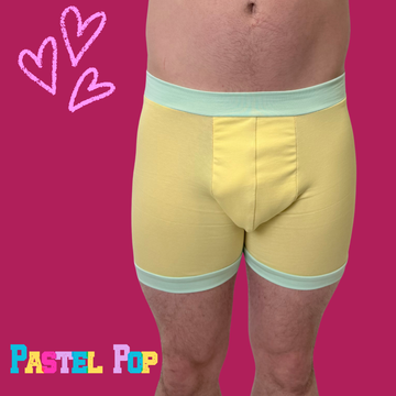 Pastel yellow and mint organic cotton boxer shorts from Comfort Boxers by Designed By Debz, with a soft, comfortable fit.