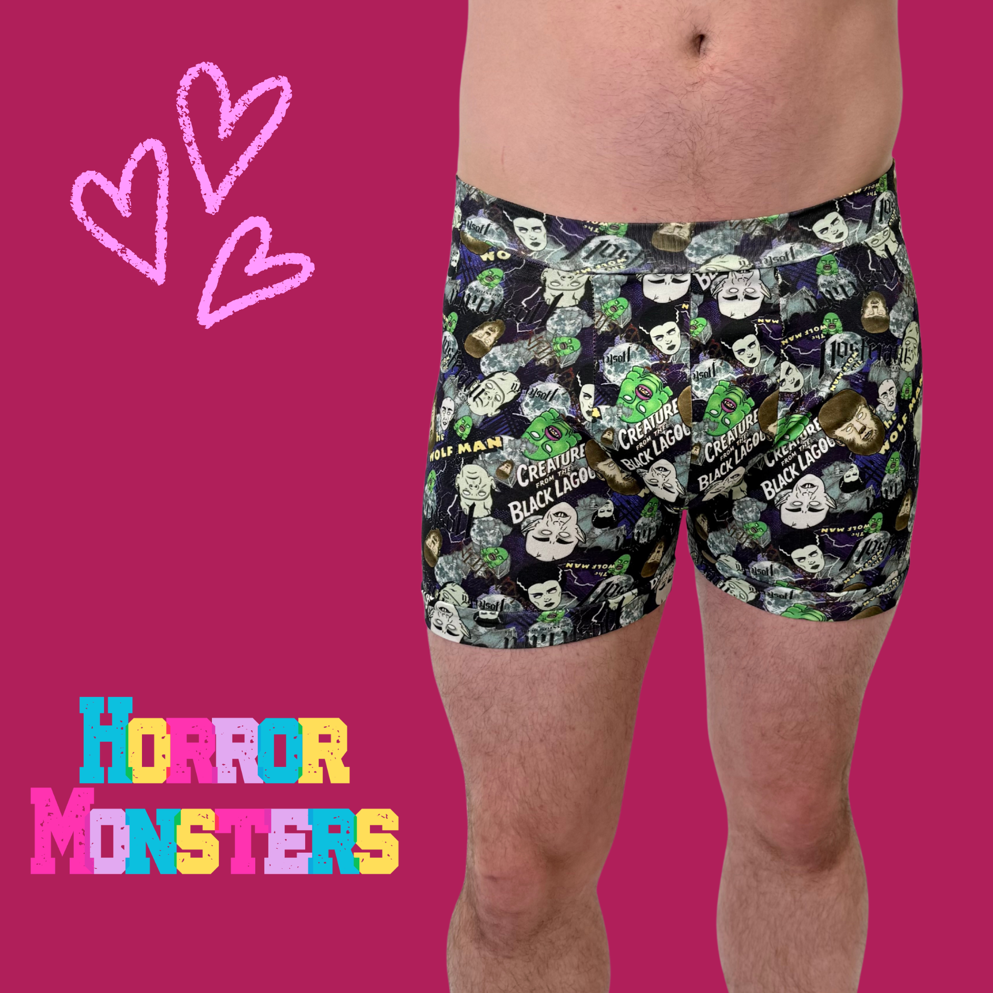 Boxer shorts featuring classic horror monster prints made from organic cotton, designed by Debz.