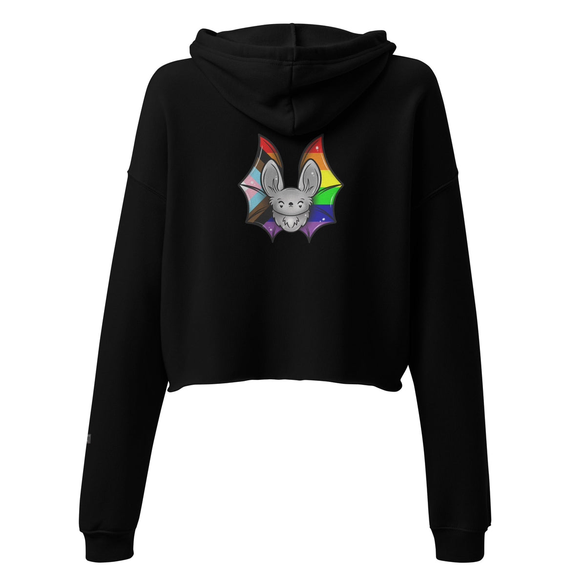 Black Progress Pride crop hoodie for women by Printful, showing the back with rainbow and pride flag design.