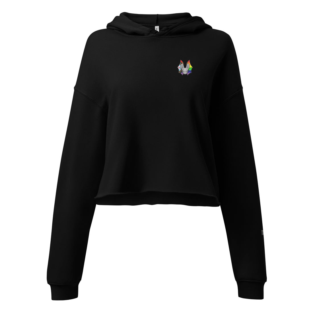 Black Progress Pride crop hoodie for women by Printful, front view showing the colorful pride flag design.