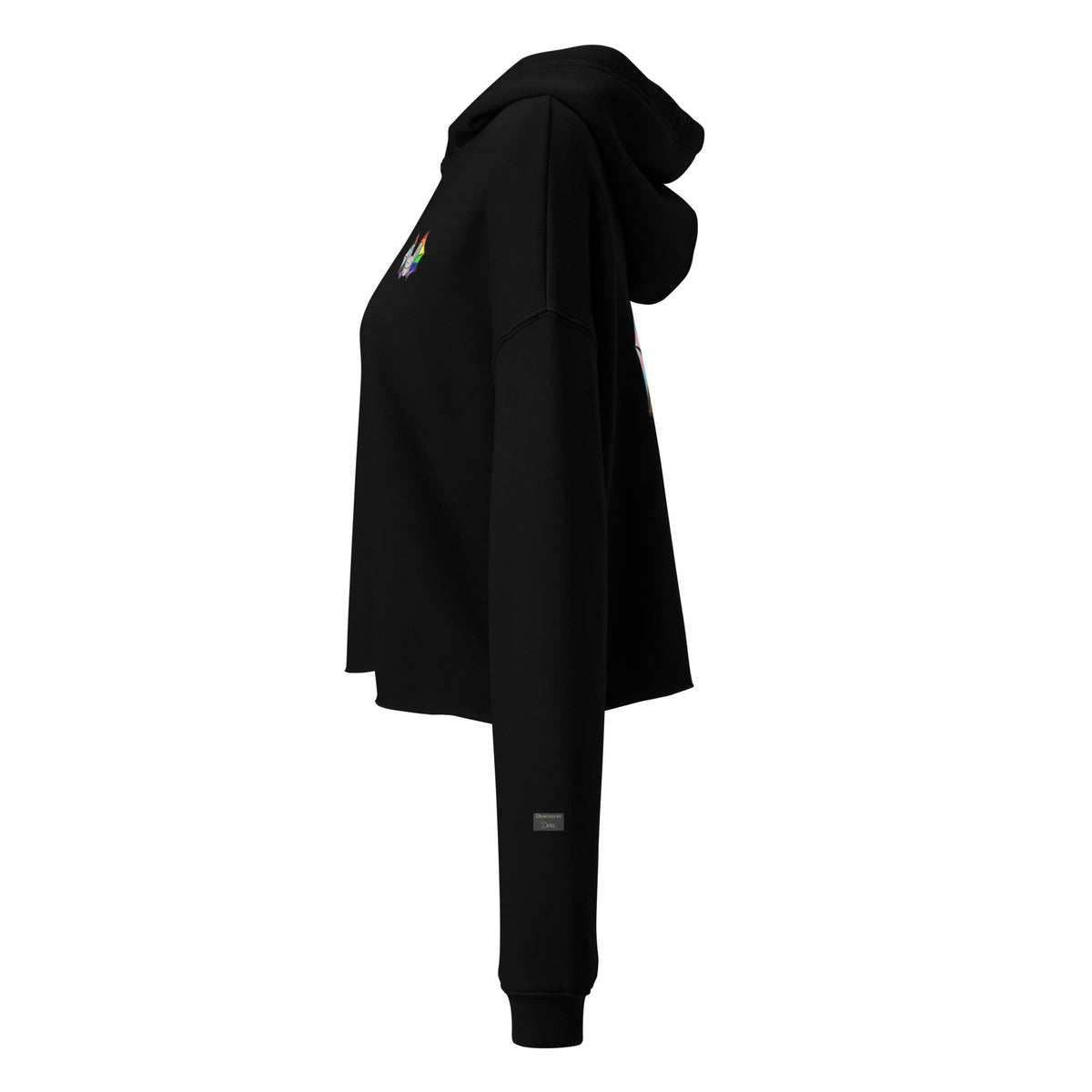 Black Progress Pride crop hoodie for women by Printful, shown from the front with colorful pride flag accents.
